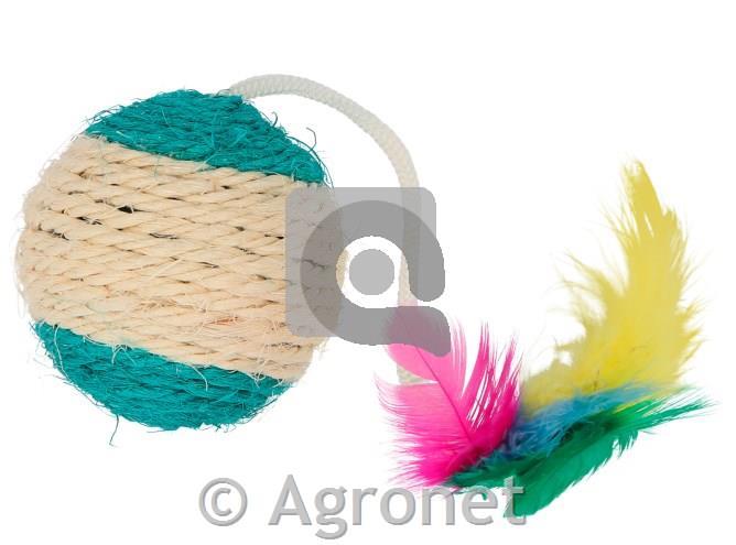 Sisal žoga s perjem in ropotuljo 6 cm barvno sort.