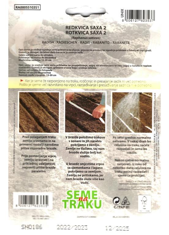 Redkvica Saxa 2, seme na traku